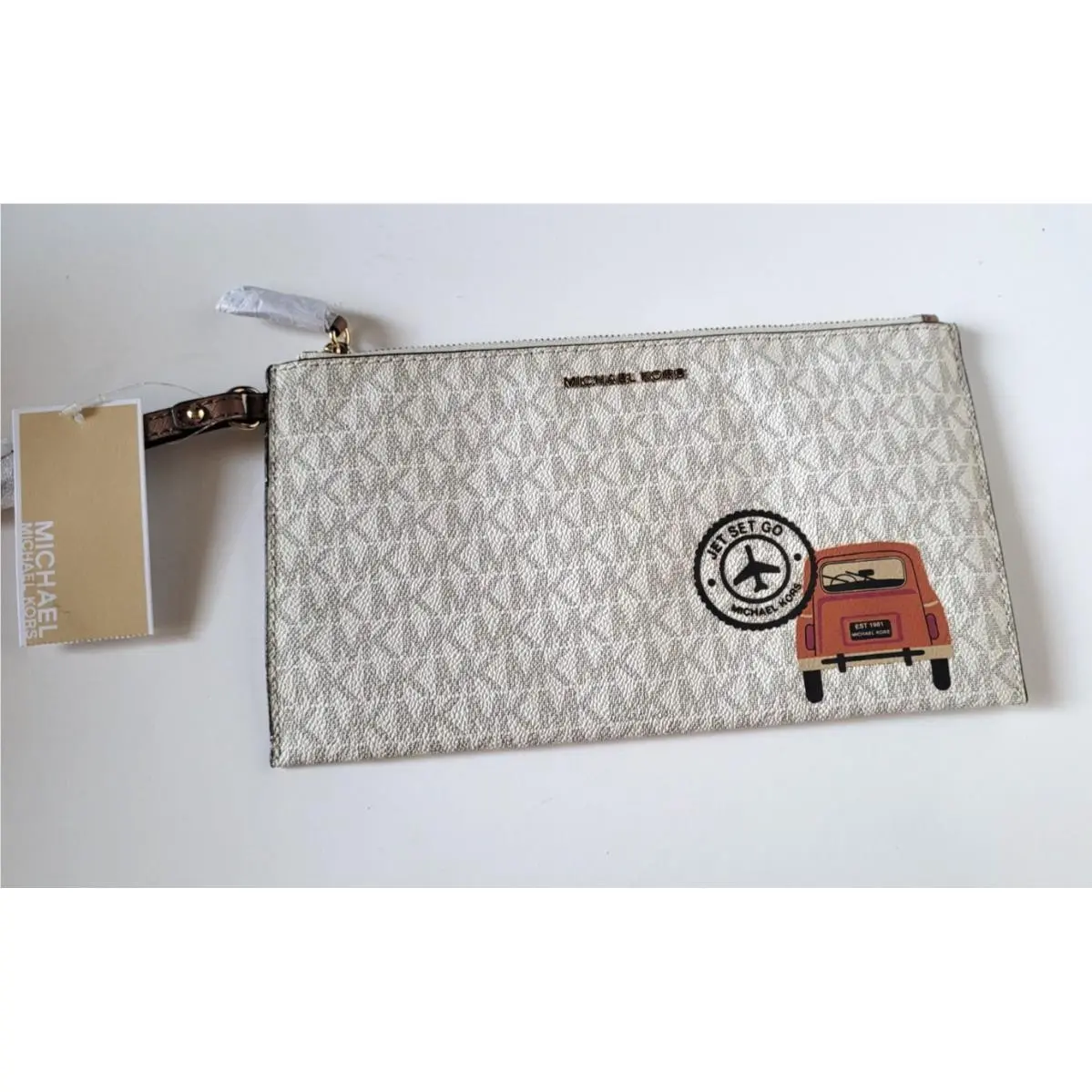 W/t  Retro-inspired Travel Illustration Twill Large Zip Clutch by Michael Kors