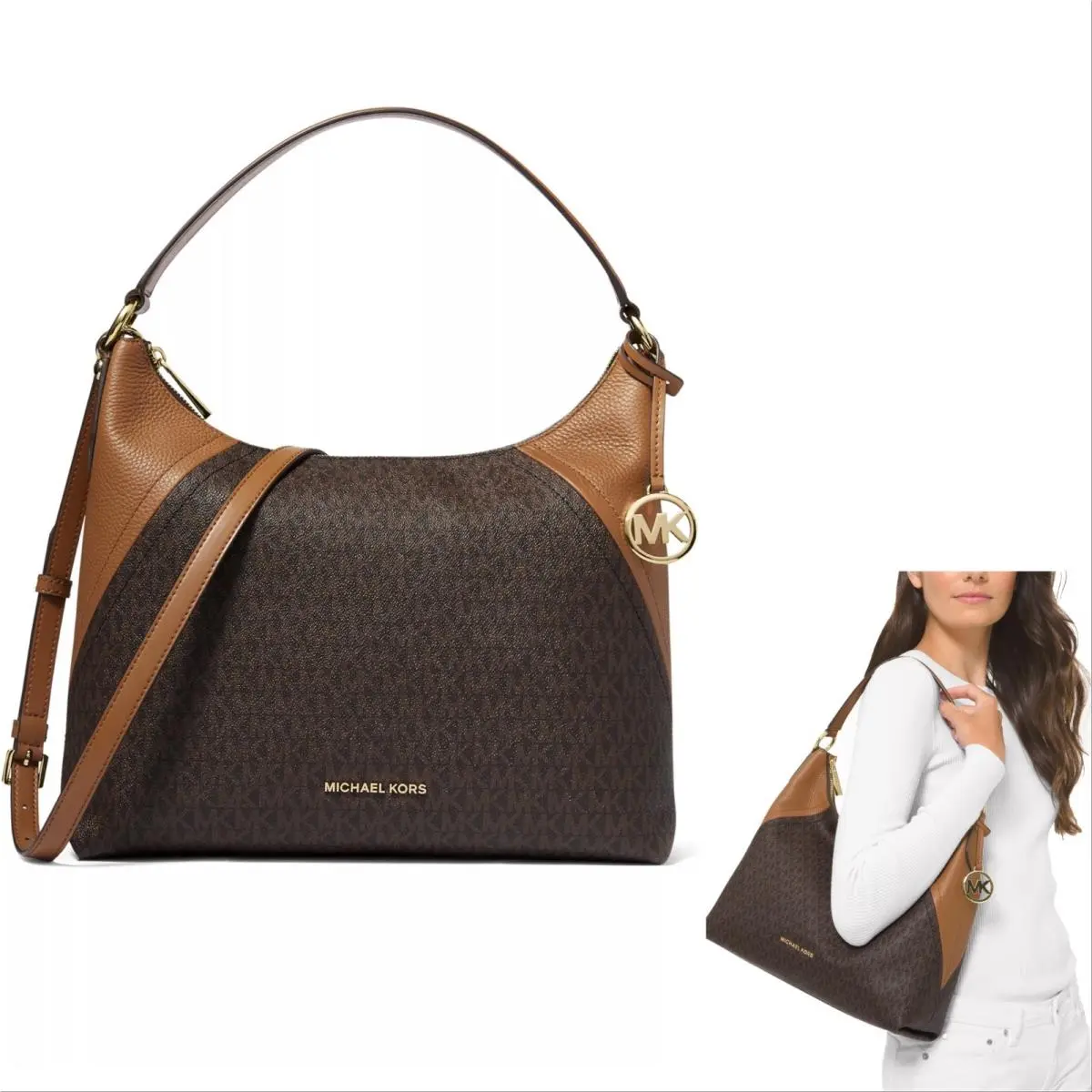 MK Signature Logo Aria Large Shoulder Handbag Crossbody Brown by Michael Kors