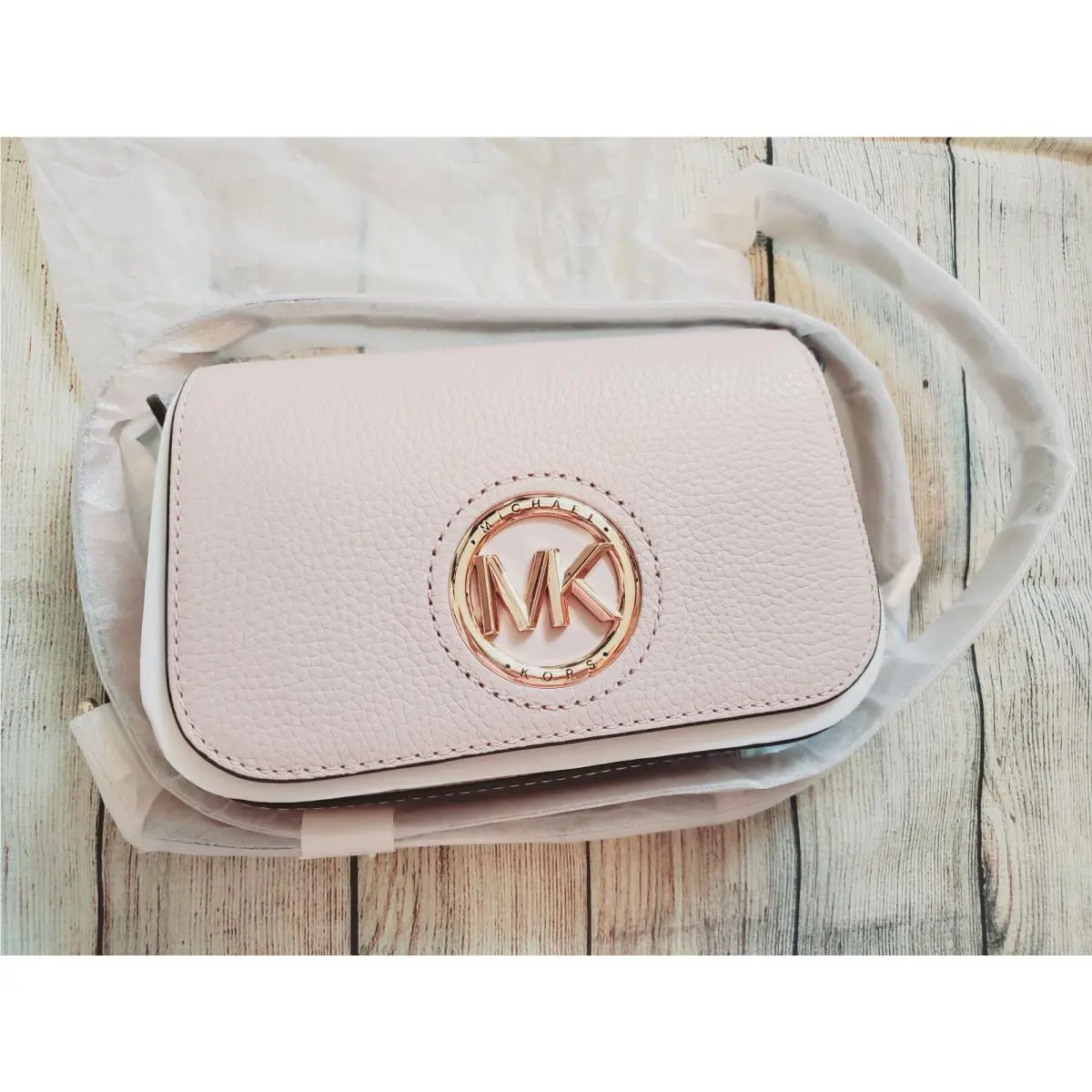 Samira Logo Plaque Crossbody Soft Pink Gold MK XS by Michael Kors
