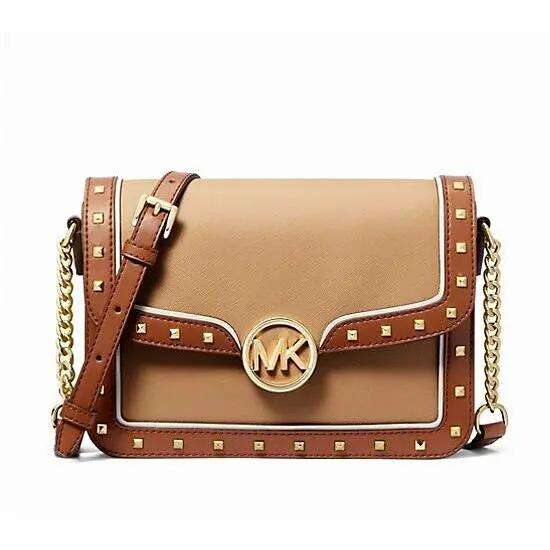 Leida Medium Studded Shoulder Bag Flap Chain Camel by Michael Kors