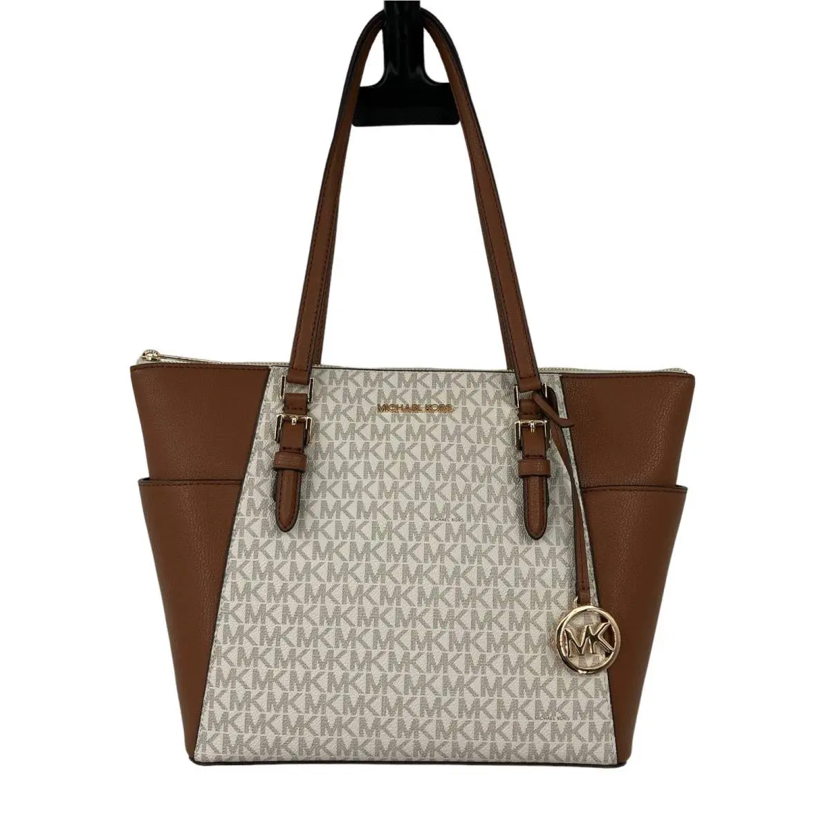 Cream Brown Vanilla Gold Monogram Charlotte Large TZ Tote Bag Purse by Michael Kors