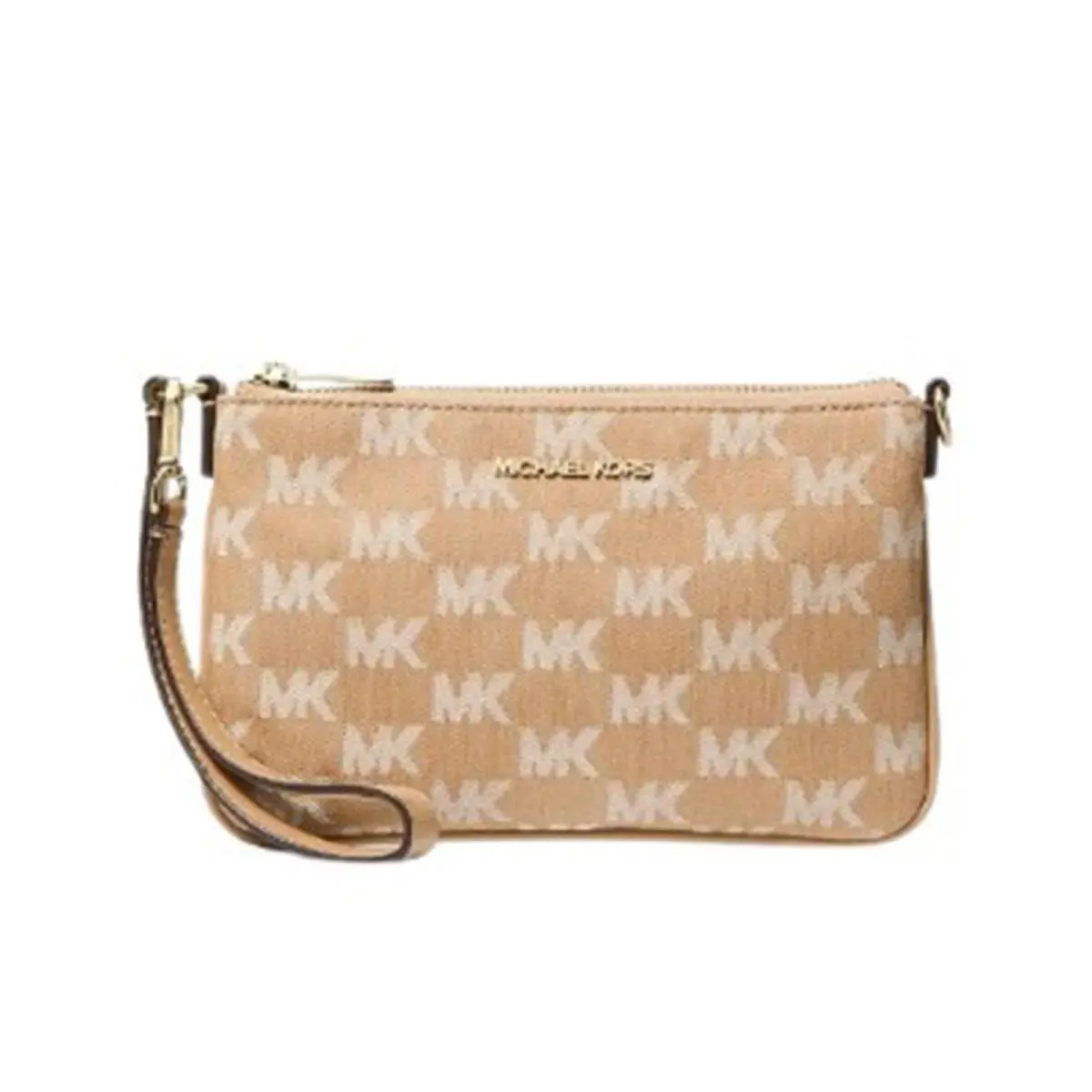 Michael Kors Jet Set Travel Small Logo Jacquard Denim Wristlet 35S6GTVW1J-222 - Exterior: Camel, Hardware: Gold