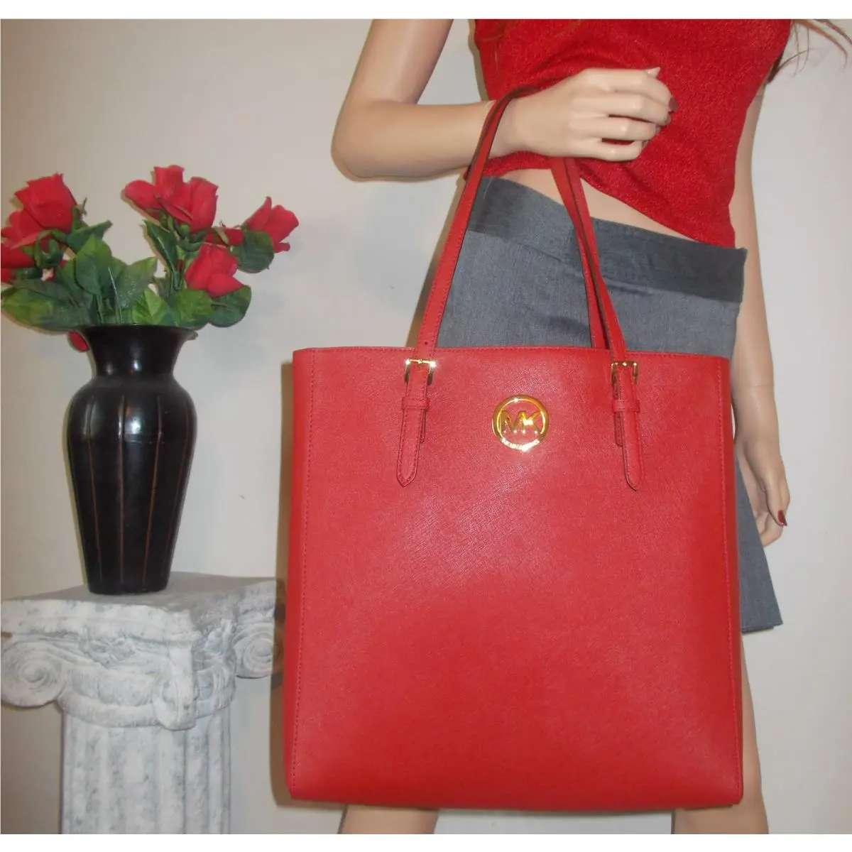 LG Red Quality Leather MK Signature Shoulder Hand Bag Tote Hot by Michael Kors