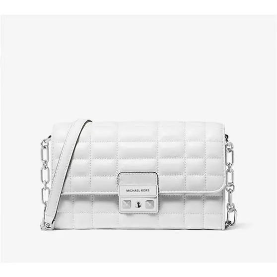 Tribeca Optic White Silver Large Quilted Leather Conv Crossbody Bag by Michael Kors