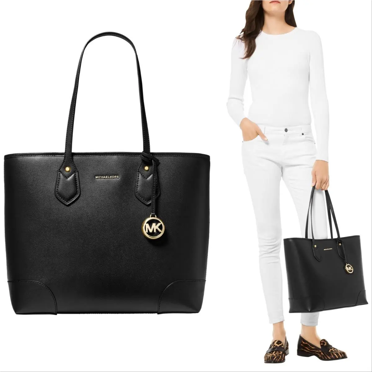 Saylor Large Leather Tote Handbag Bag Black Double Handles by Michael Kors