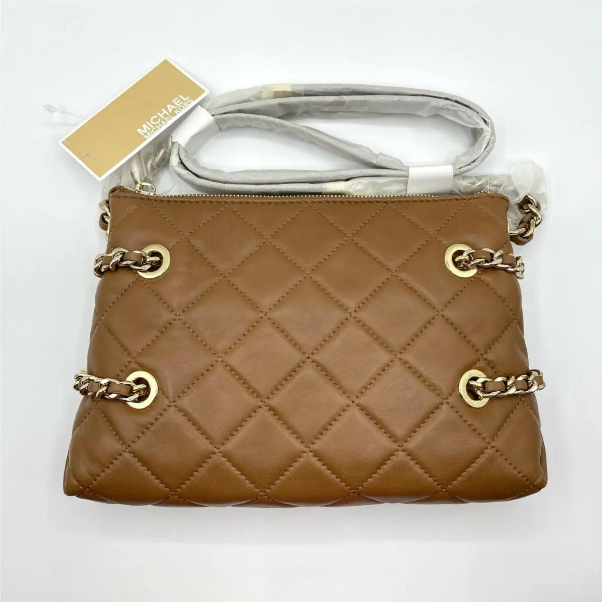 Susannah Leather Messenger Bag W/metal Chain Brown by Michael Kors