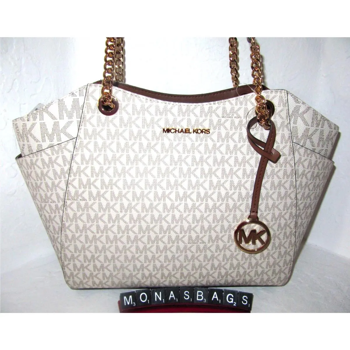 Michael Kors Jet Set Travel Large Chain Shoulder Tote Logo Bag Light Vanilla