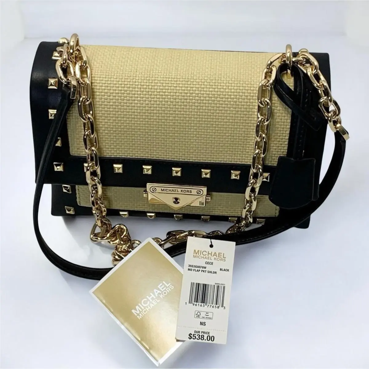Michael Kors Cece Flap Shoulder Bag Studded Beige Black Chain Leather Strap