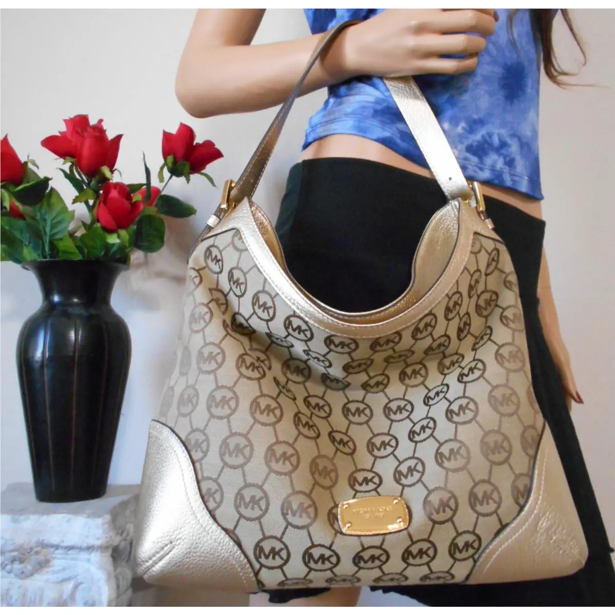 Khaki Brown Signature Metallic Leather Hobo Shoulder Hand Bag Tote by Michael Kors