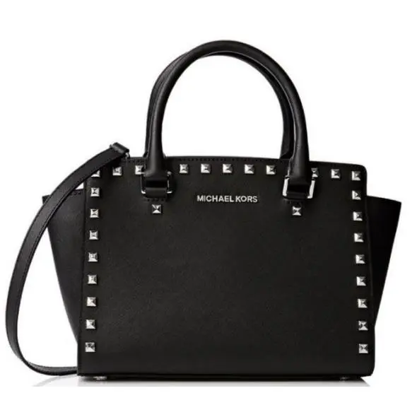 Michael Kors Selma Silver Stud Saffiano Black Leather X-body Satchel Bag - Handle/Strap: Black, Hardware: Silver, Exterior: Black