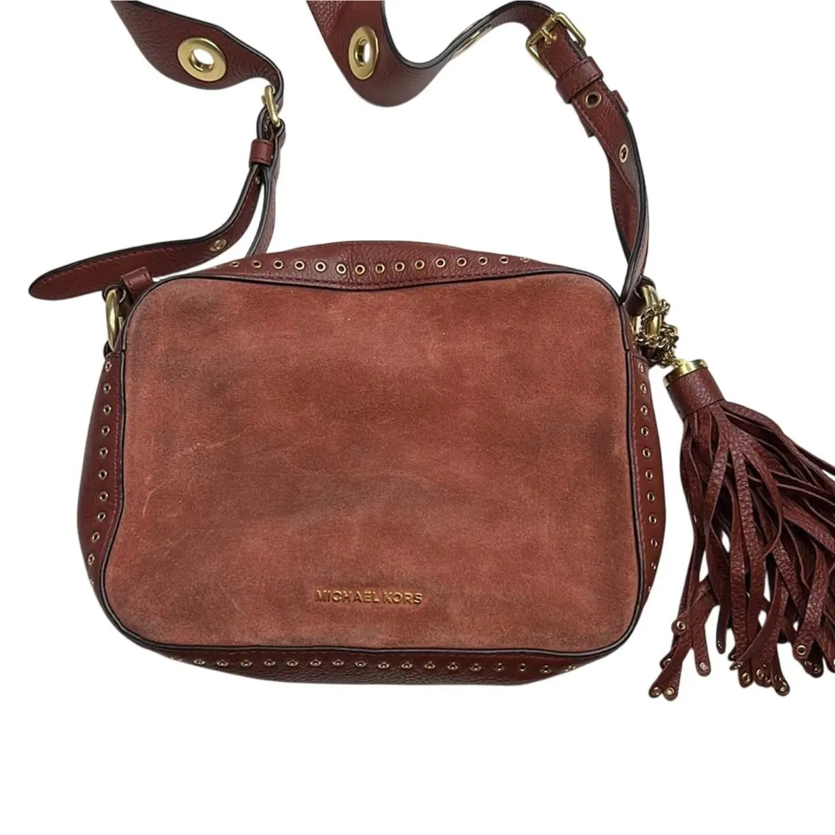 Michael Kors Burgundy Gold Suede Leather Brooklyn Camera Crossbody Bag