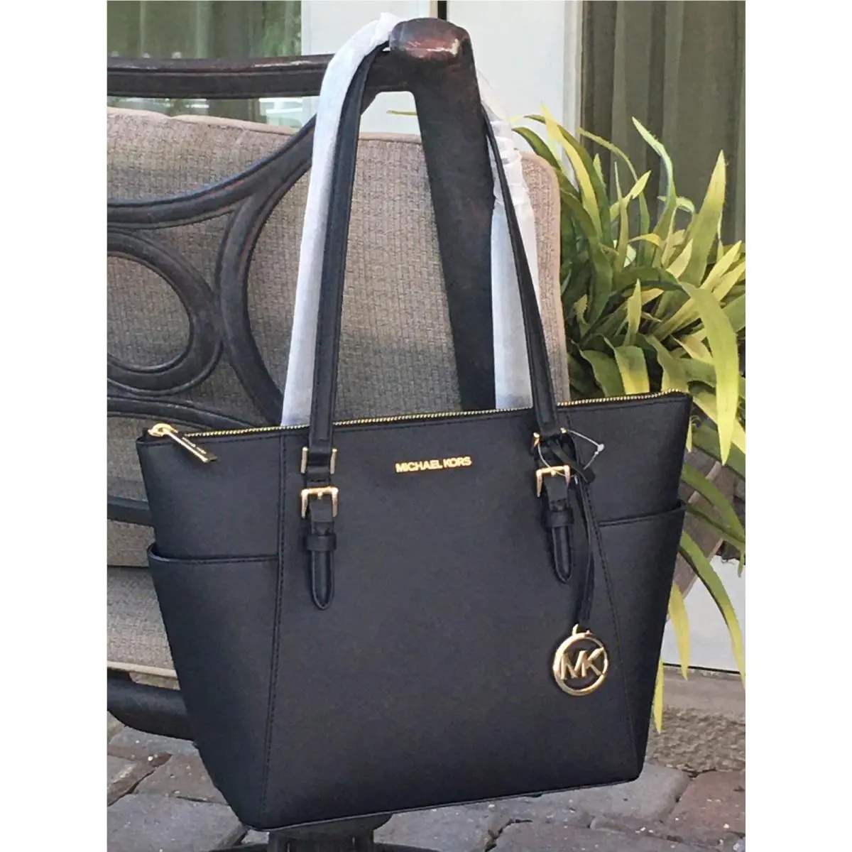 MK Womens Lady Zip Tote Shoulder Bag Purse MK Black Leather Gold by Michael Kors