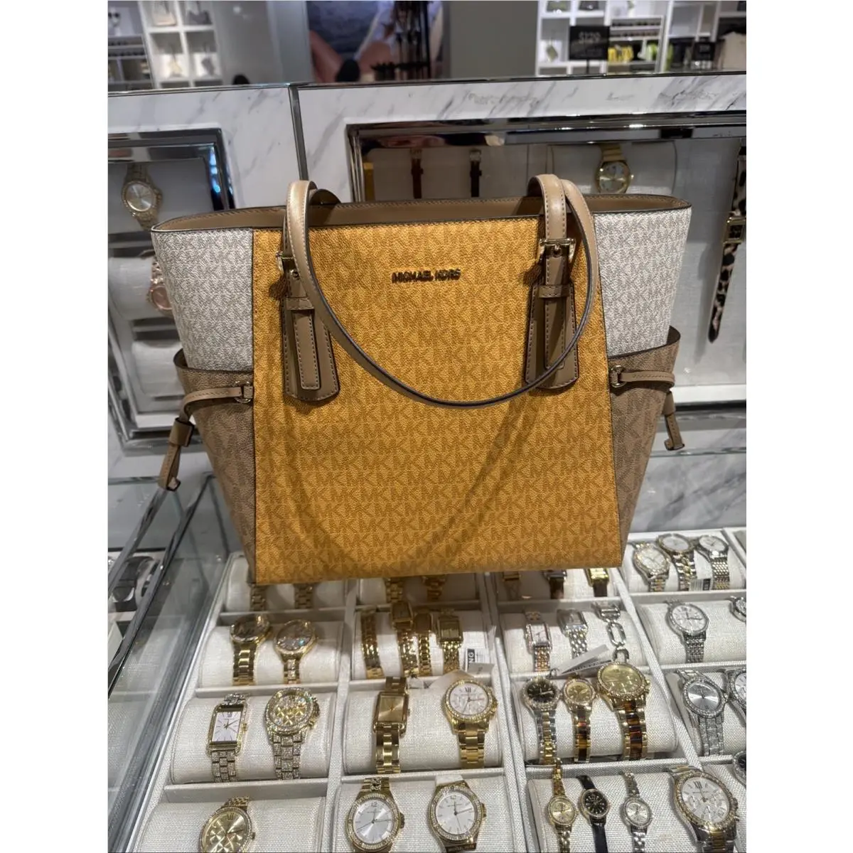 Voyager Large EW Tote Shoulder Bag Laptop Honey Gold Brown White MK by Michael Kors