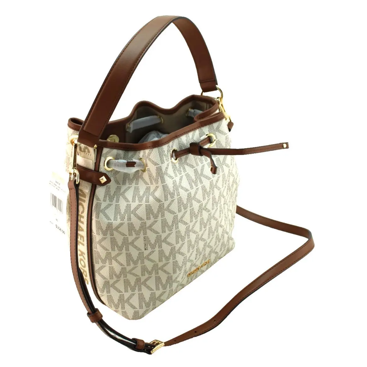 Michael Kors Maeve Medium Vanilla /brown Signature Logo Bucket Bag