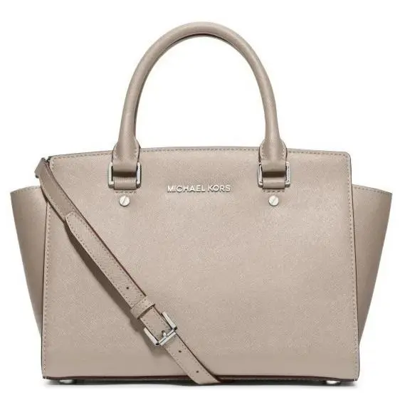 Michael Kors Selma Grey Cement Saffiano Leather Silver Satchel Bag X-body