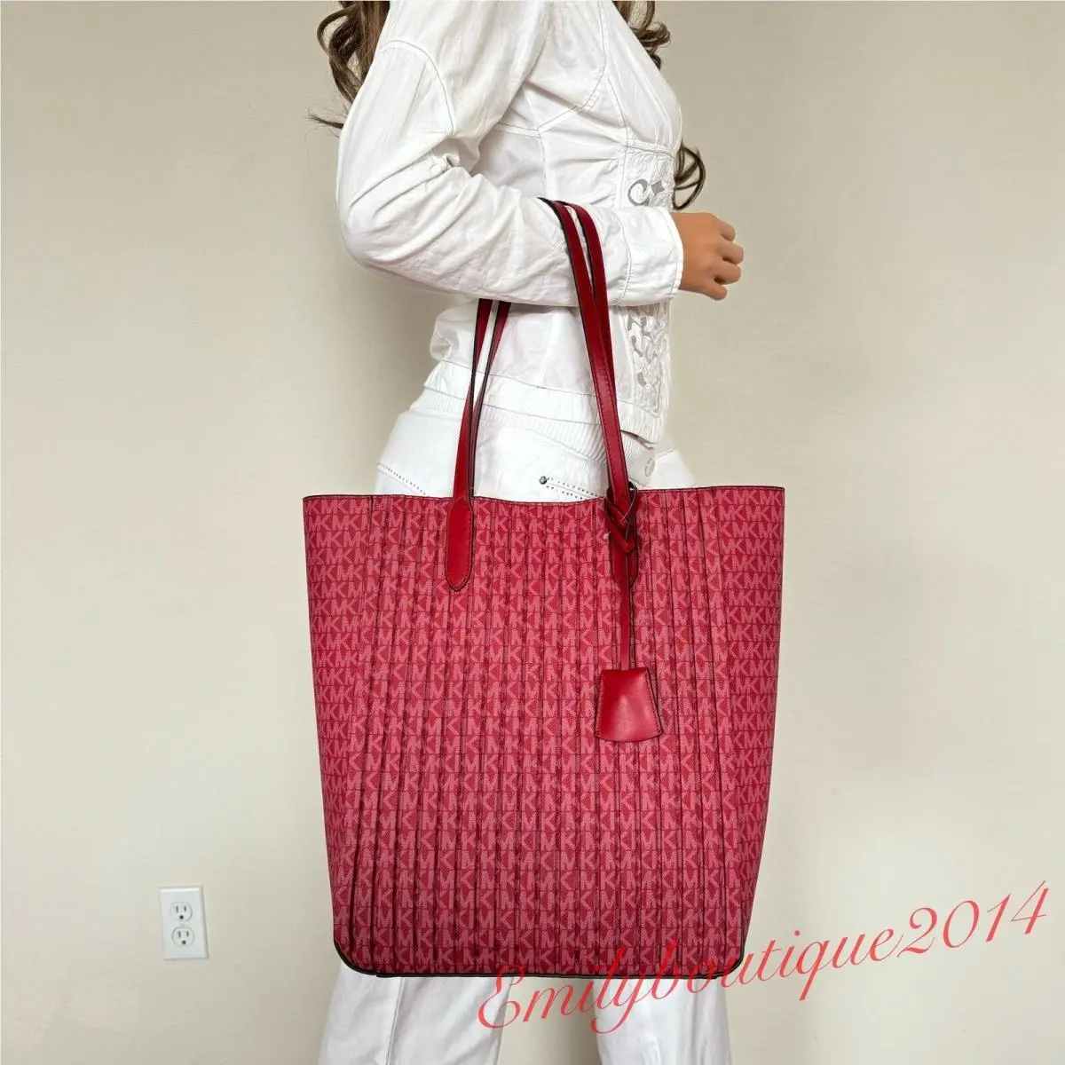 Michael Kors Sinclair Large NS Shopper Tote Signature Canvas Bag Crimson Red