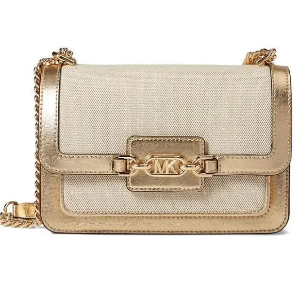 Michael Kors Heather Canvas Leather Large Shoulder Crossbody Bag -gold/ Natural