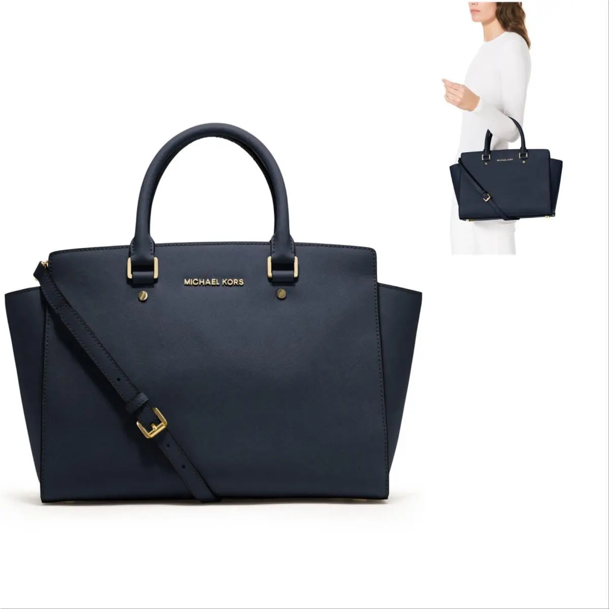 Selma Leather Handbag Satchel Crossbody Bag Navy Blue Bag by Michael Kors