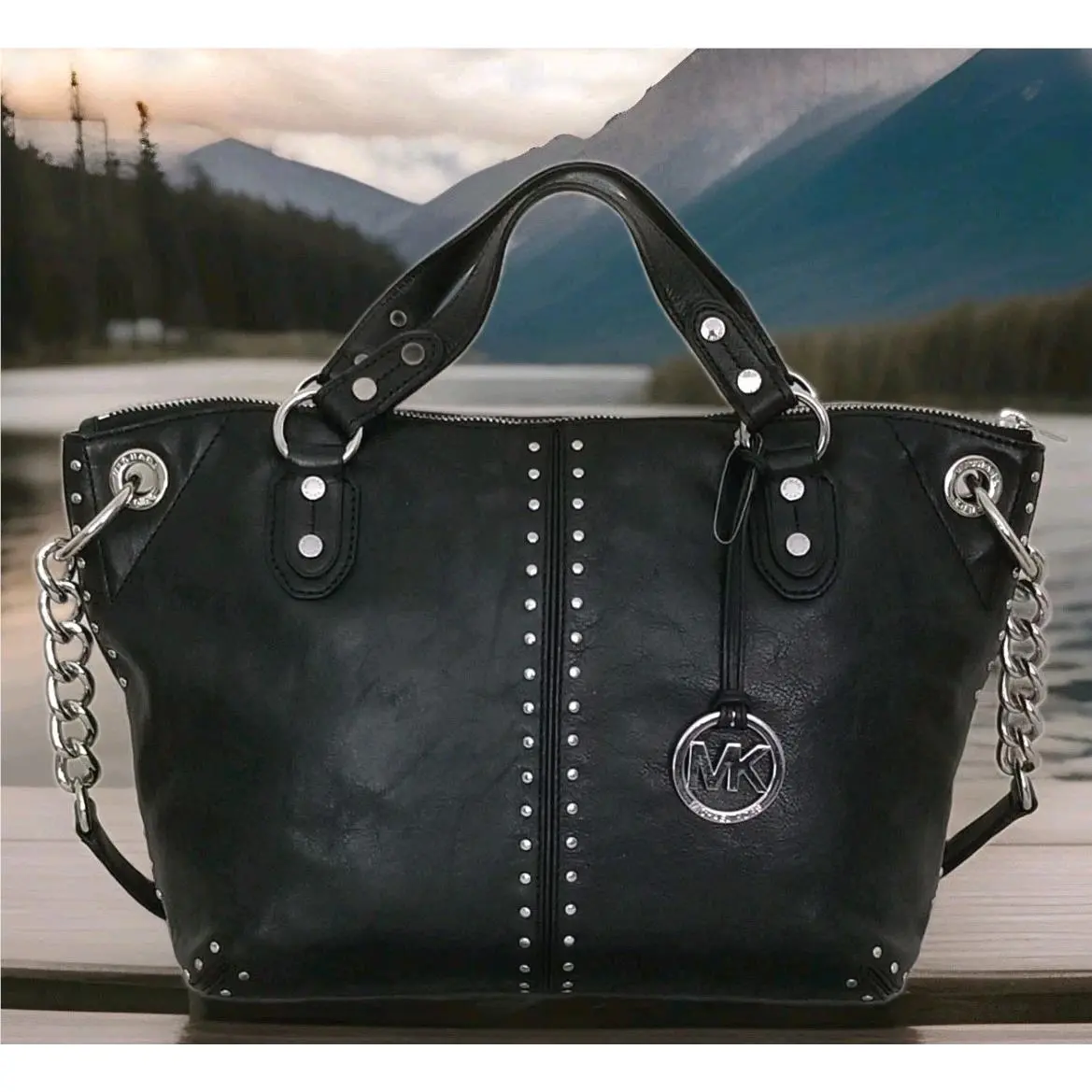 Astor Black Leather Silver Stud Large Chain Satchel Bag by Michael Kors