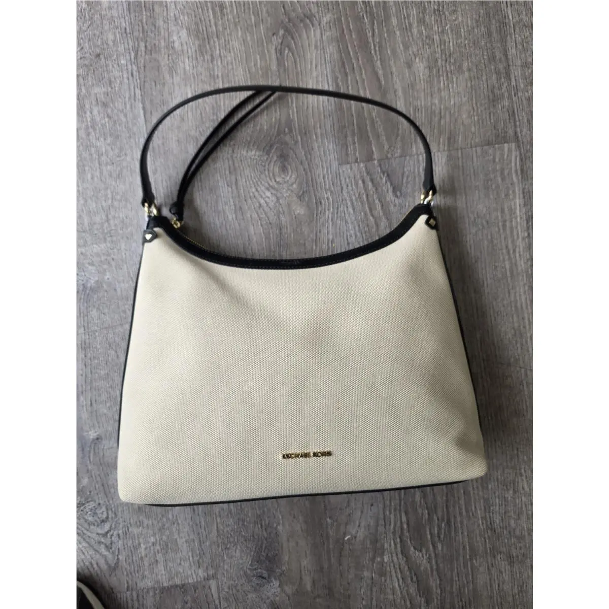 Maeve Large Hobo Bag Cream Beige Black Canavas Leather by Michael Kors