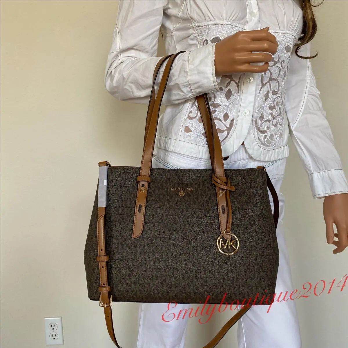 Mel Medium Tote Signature Canvas Leather Crossbody Bag Brown by Michael Kors