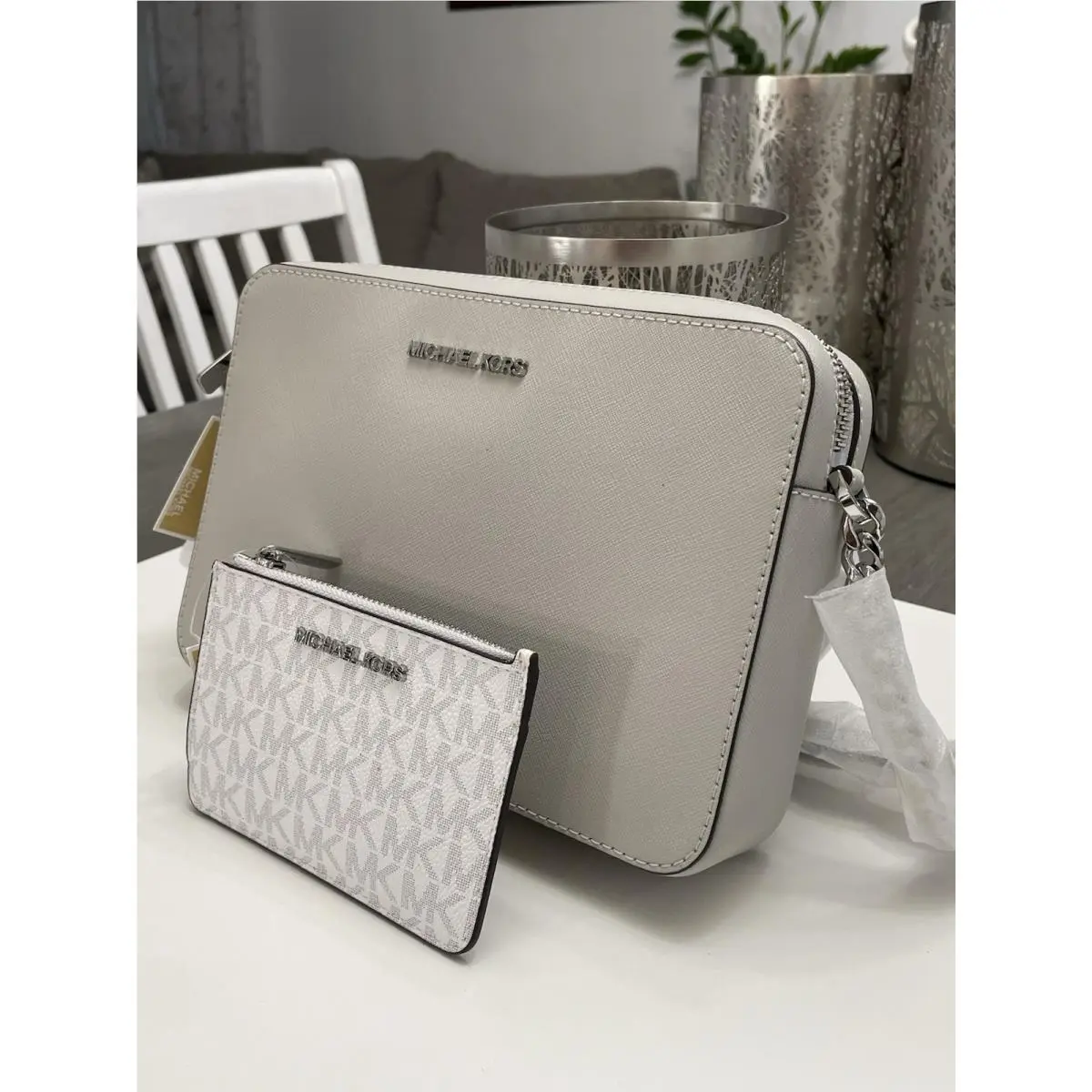 Jet Set LG EW Crossbody Saffiano Leather Aluminum + Pouch by Michael Kors