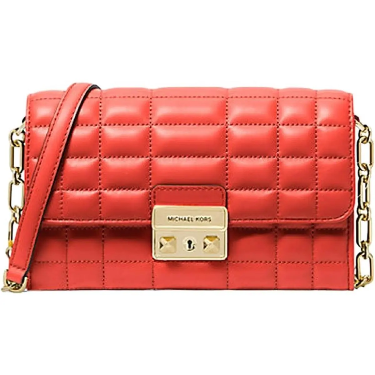LG Tribeca Spiced Coral Red Gold Quilted Leather Crossbody Hand Bag by Michael Kors