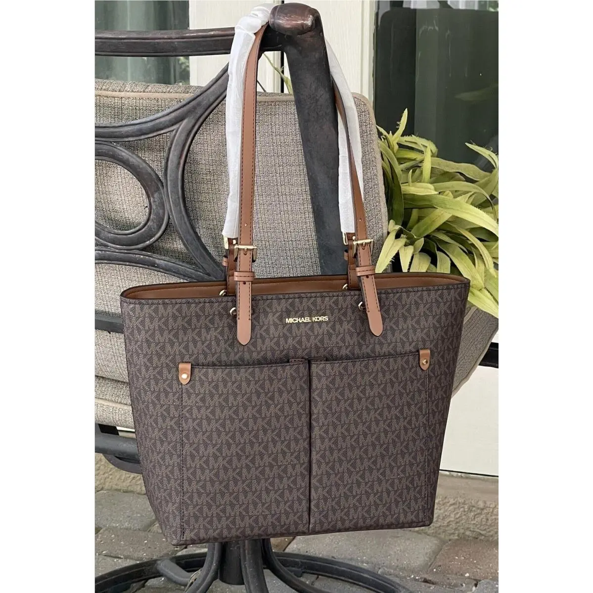 Jet Set Medium Double Pocket Tote Shoulder Bag Purse MK Brown Logo by Michael Kors