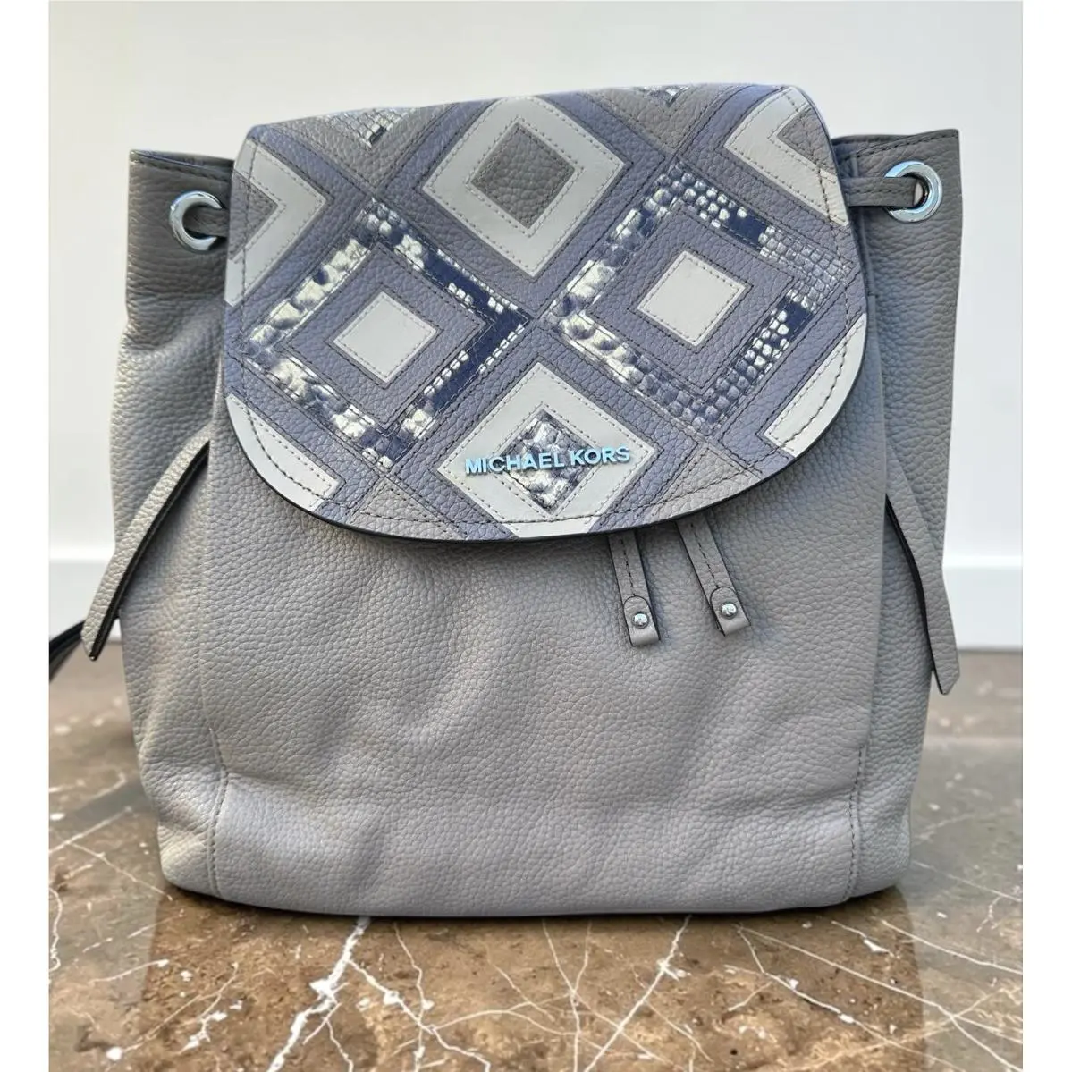 Michael Kors Riley Large Pebble Leather Backpack Grey Geometric Patchwork