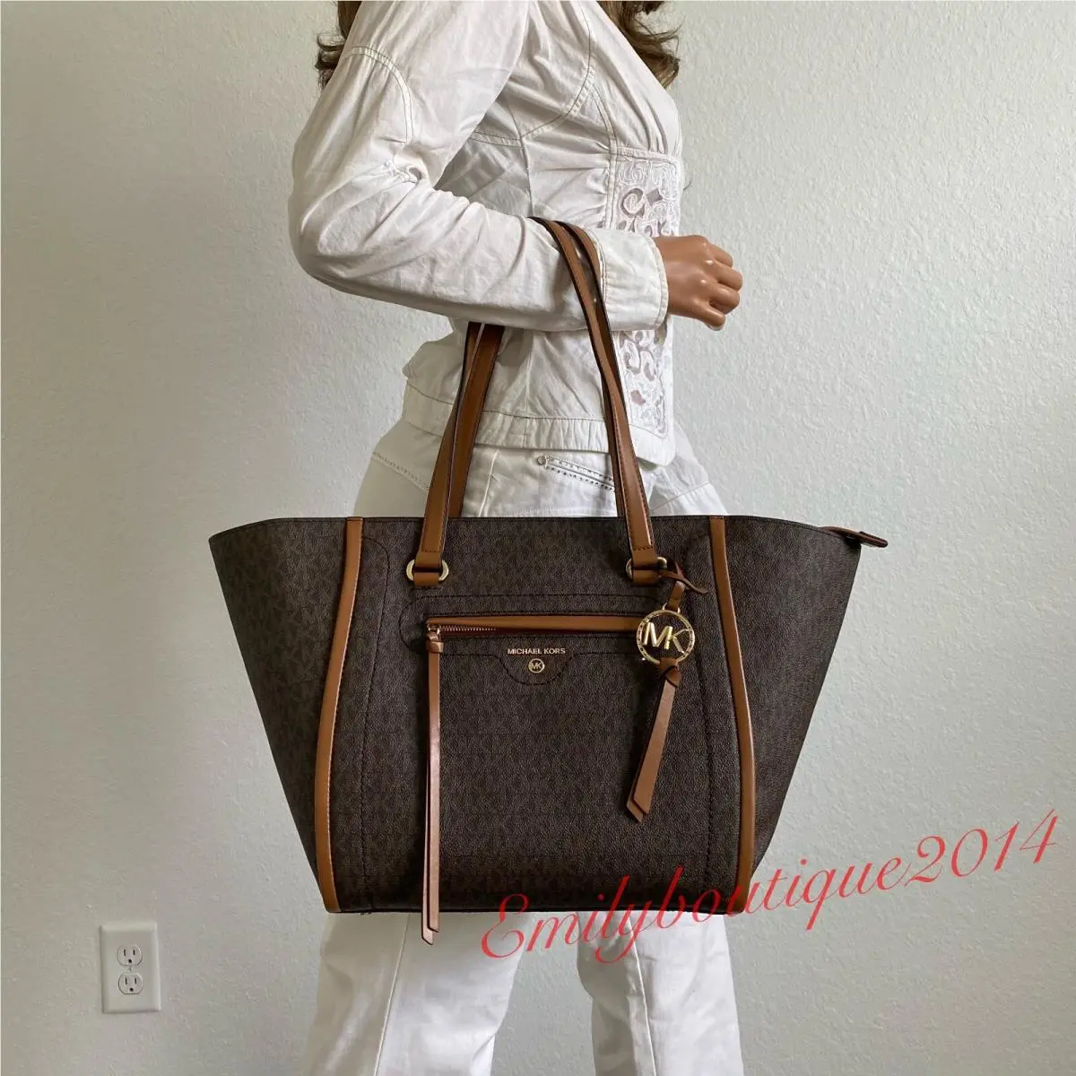 Carine Medium Logo Tote Signature Canvas Bag in Brown Acorn by Michael Kors