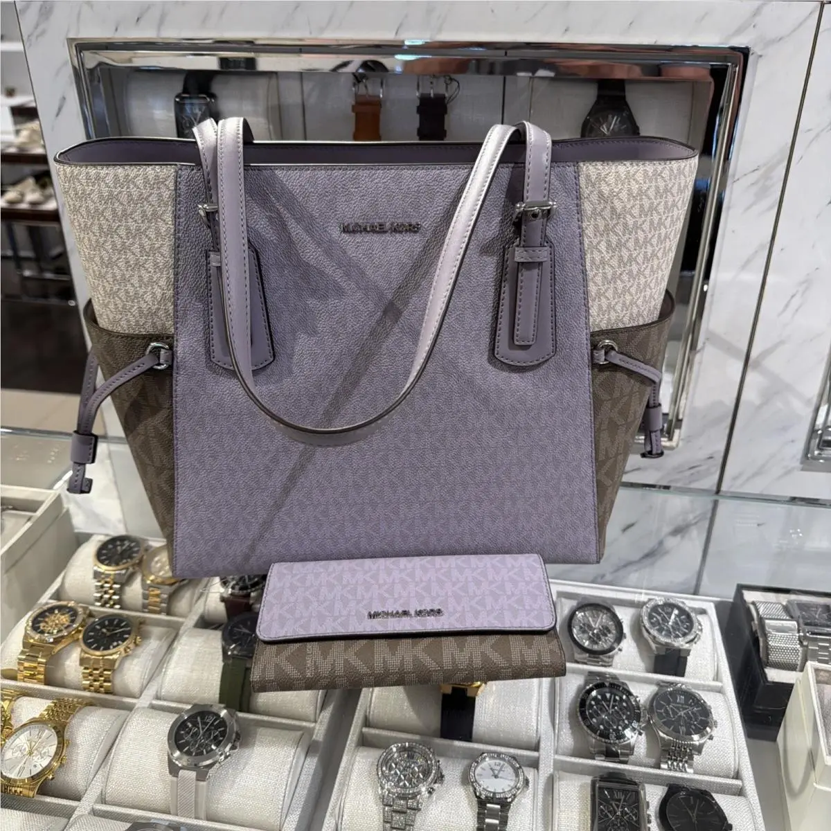 Large Voyager Handbag Purse Tote Large Trifold Wallet Set Lilac by Michael Kors
