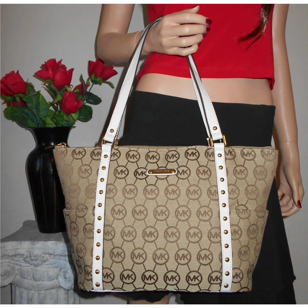 Khaki Signature White Leather Zip Stud Shoulder Hand Bag Tote by Michael Kors