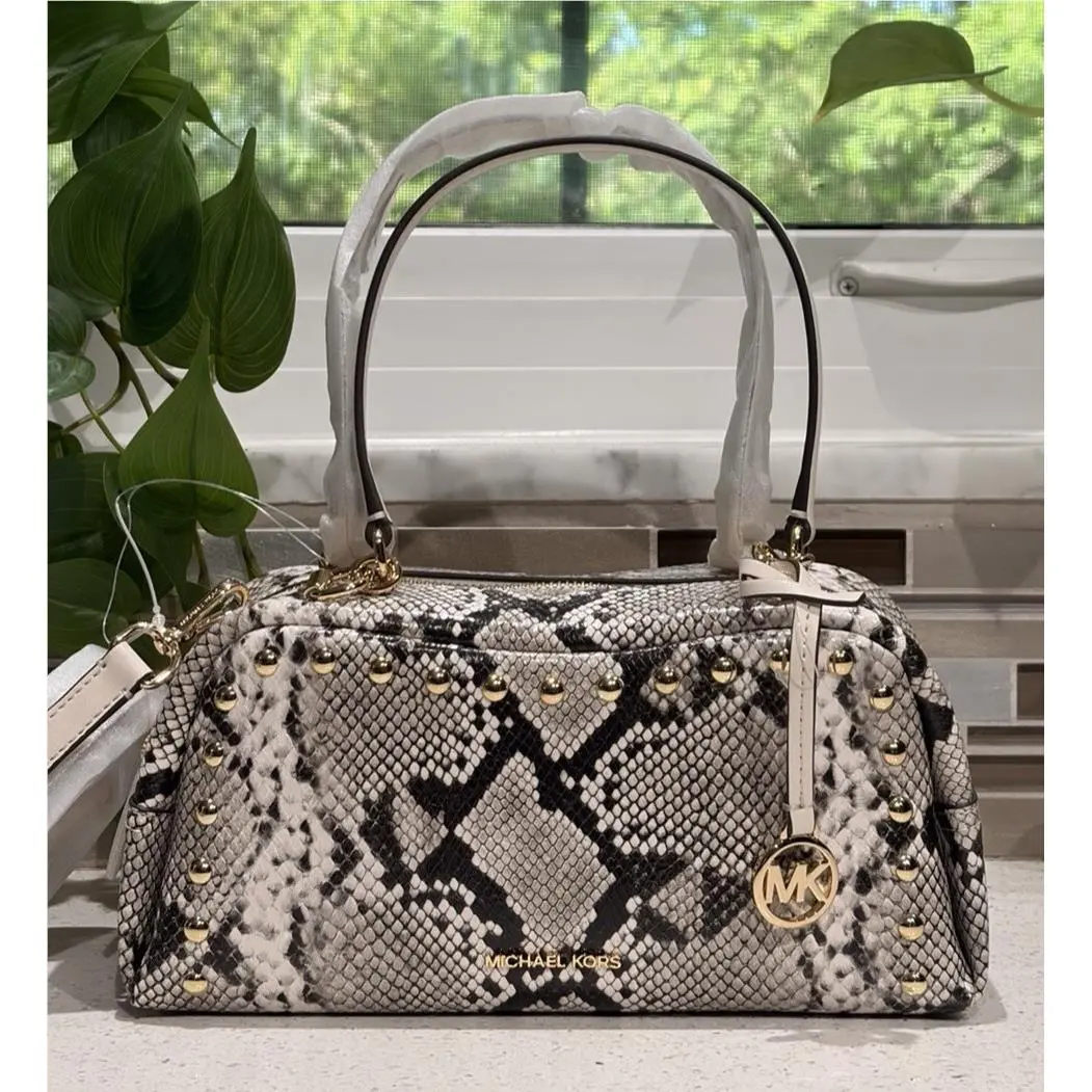 Cecily Small Shoulder Crossbody Bag Cream Snake Embossed Stud Gold by Michael Kors