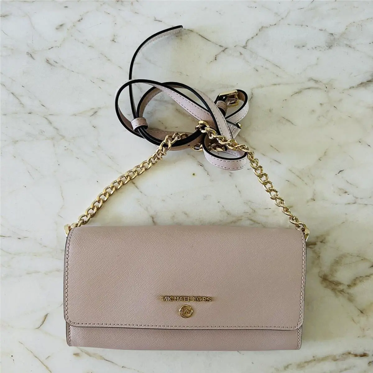 Michael Kors Jet Set Charm Soft Pink Leather Wallet On A Chain Crossbody Bag