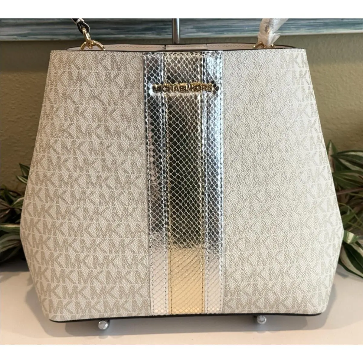 Pratt Medium Bucket Shoulder Bag Tote MK Pale Gold Metallic Stripe by Michael Kors