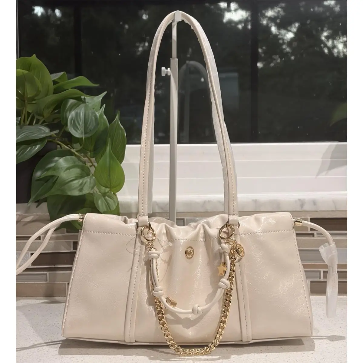 Matilda Small Cinched Shoulder Bag Purse MK Logo Chain Cream White by Michael Kors