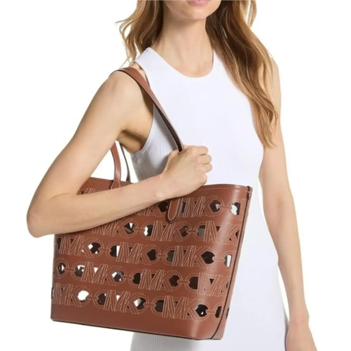 Cutout MK Logo Print Open Tote Bag by Michael Kors