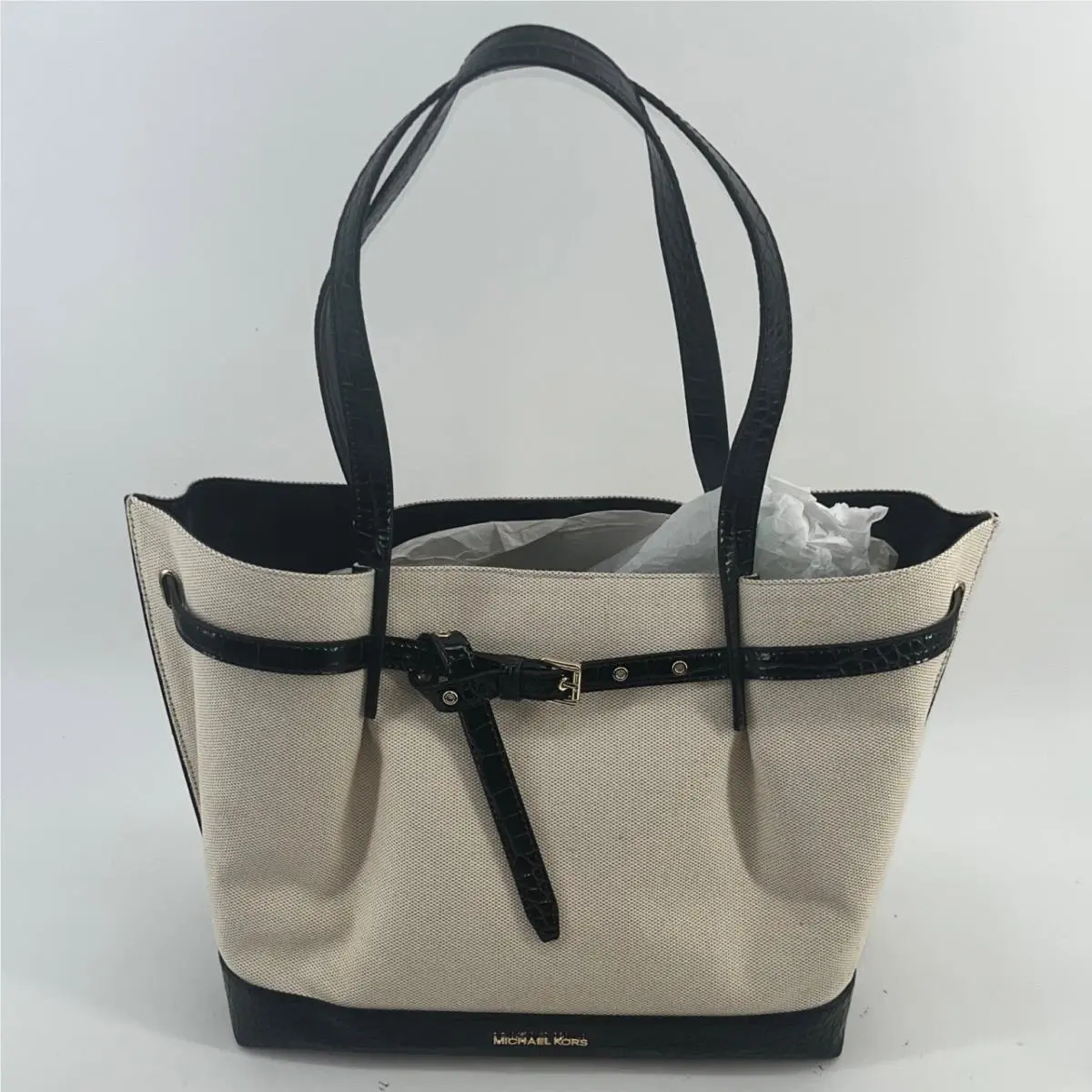 Emilia Large EW Tote Bag Black Trim Canvas Designer Purse by Michael Kors