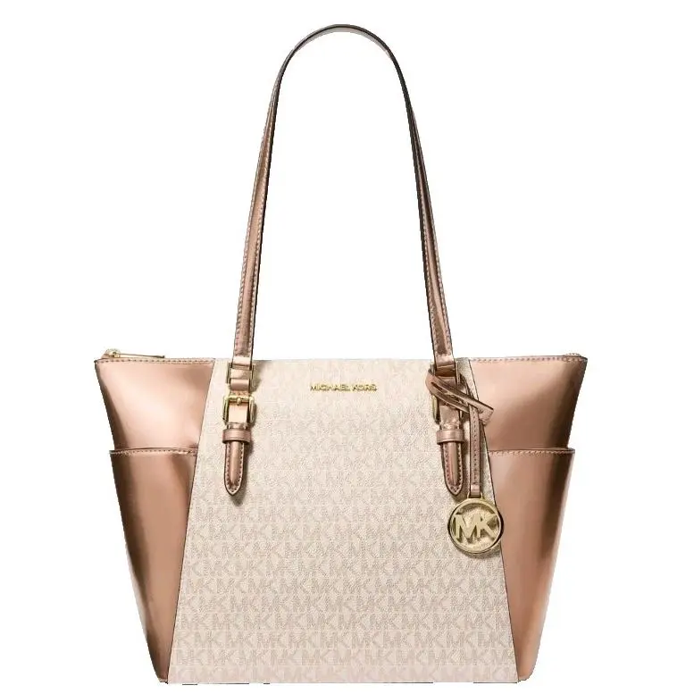 Charlotte Large Signature Logo Rose Gold Metallic Top Zip Tote by Michael Kors