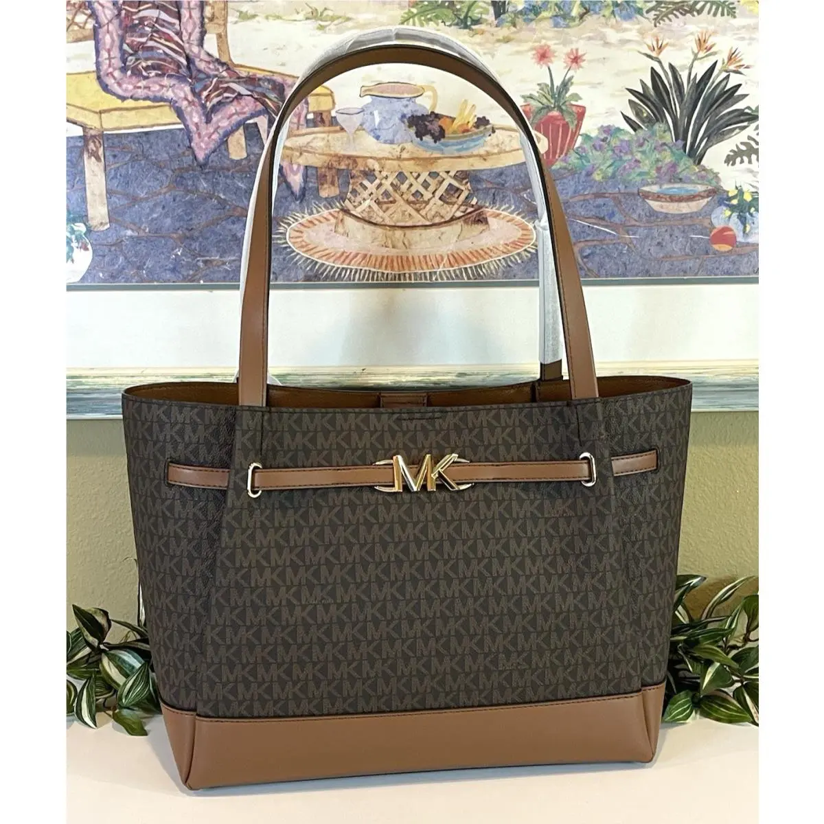 Reed Large Belted Tote Brown MK Logo Shoulder Bag Travel Shopper by Michael Kors