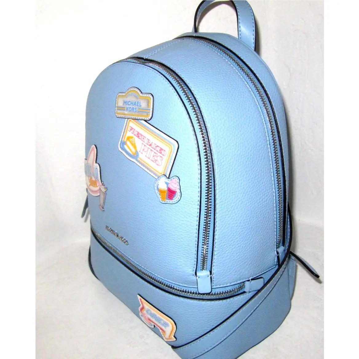 Michael Kors Rhea Medium Embellished Zip Pocket Backpack Bag Light Sky