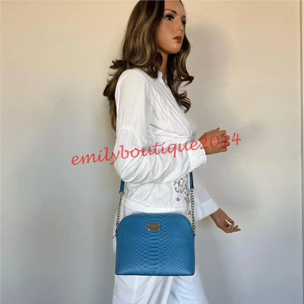 Cindy Dome Crossbody Embossed Leather Shoulder Bag in Sky Blue by Michael Kors