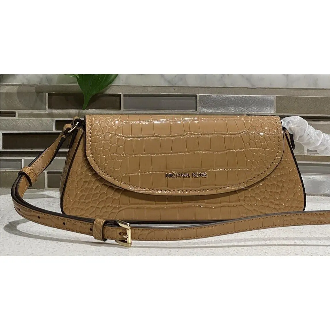 Katya Medium Flap Crossbody Bag Deer Brown MK Croc Patent Leather by Michael Kors