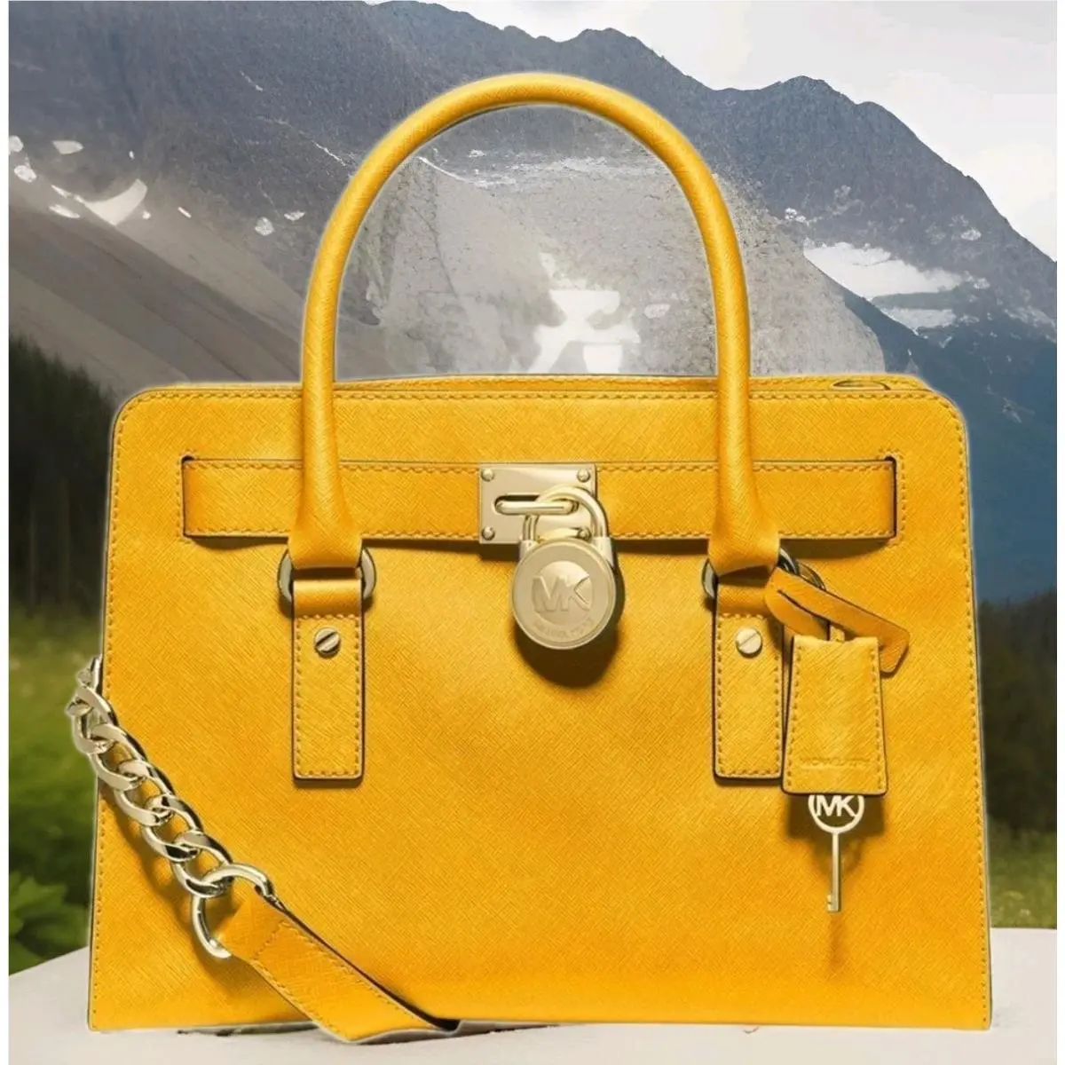 Michael Kors Hamilton Sun Yellow Saffiano Leather Gold Lock Satchel Bag