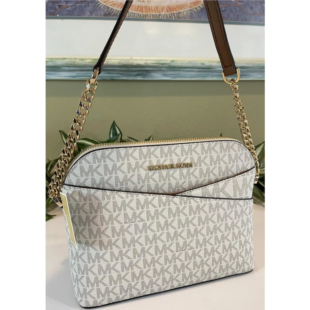 Jet Set Travel Medium Dome Chain Crossbody Bag Tote MK Vanilla Logo by Michael Kors