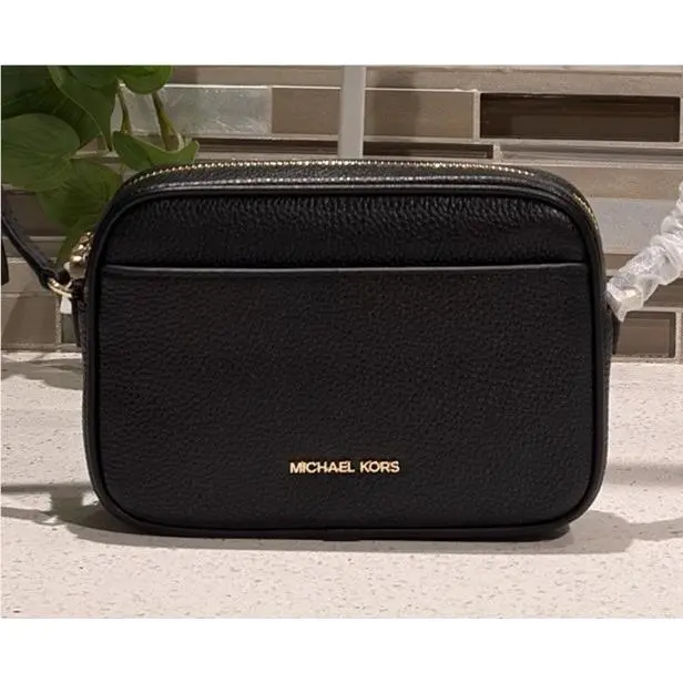 Jet Set Small Zip Crossbody Camera Bag Shoulder Black Gold MK Logo by Michael Kors