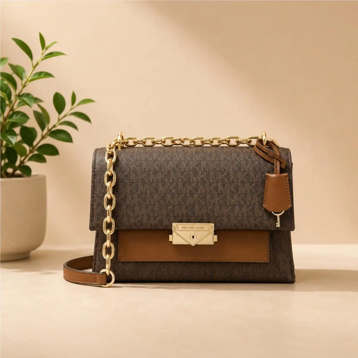 Women`s Cece Medium Flap Chain Shoulder Bag Brown MK Signature by Michael Kors