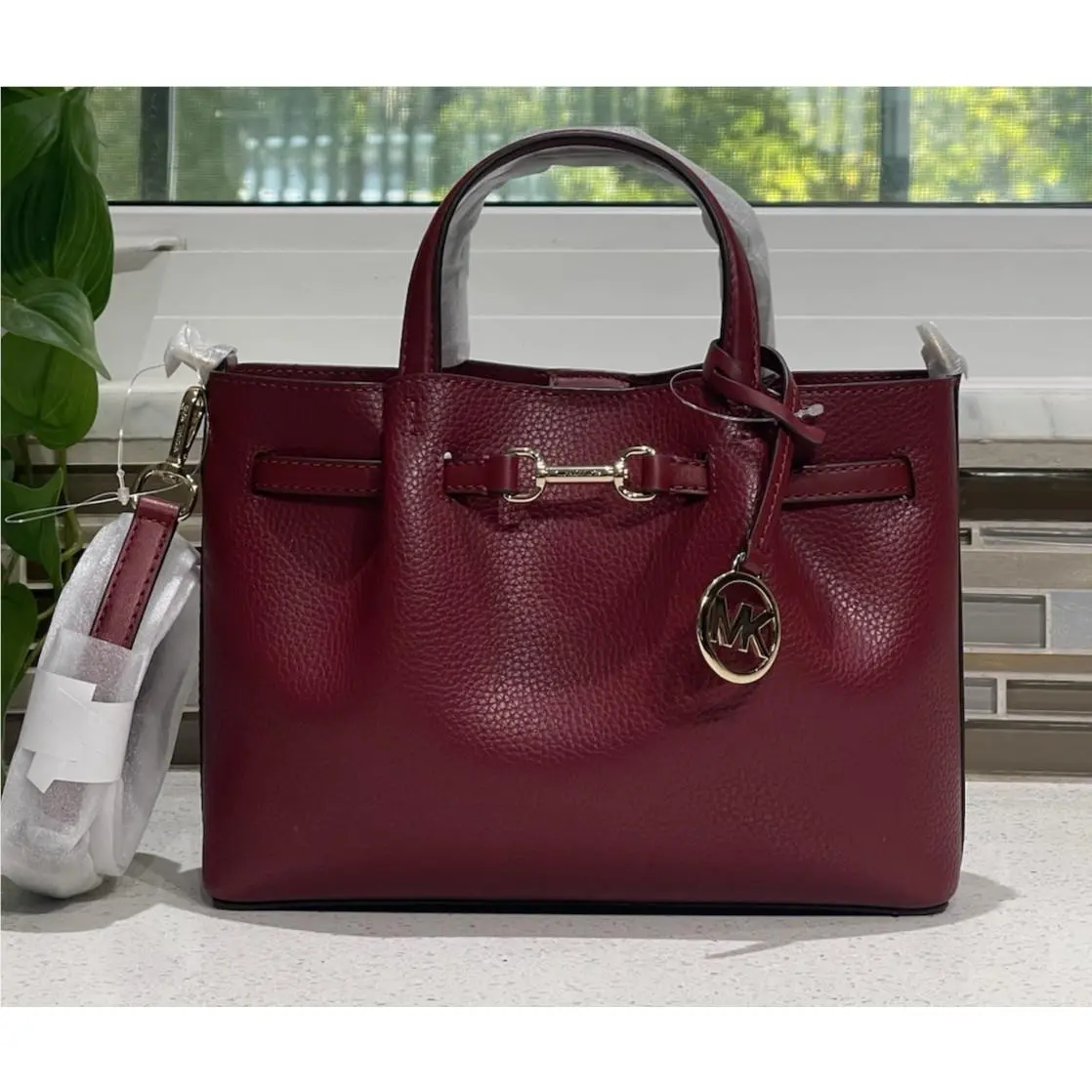 Carson Small Belted Satchel Crossbody Bag Tote MK Cherry Leather by Michael Kors