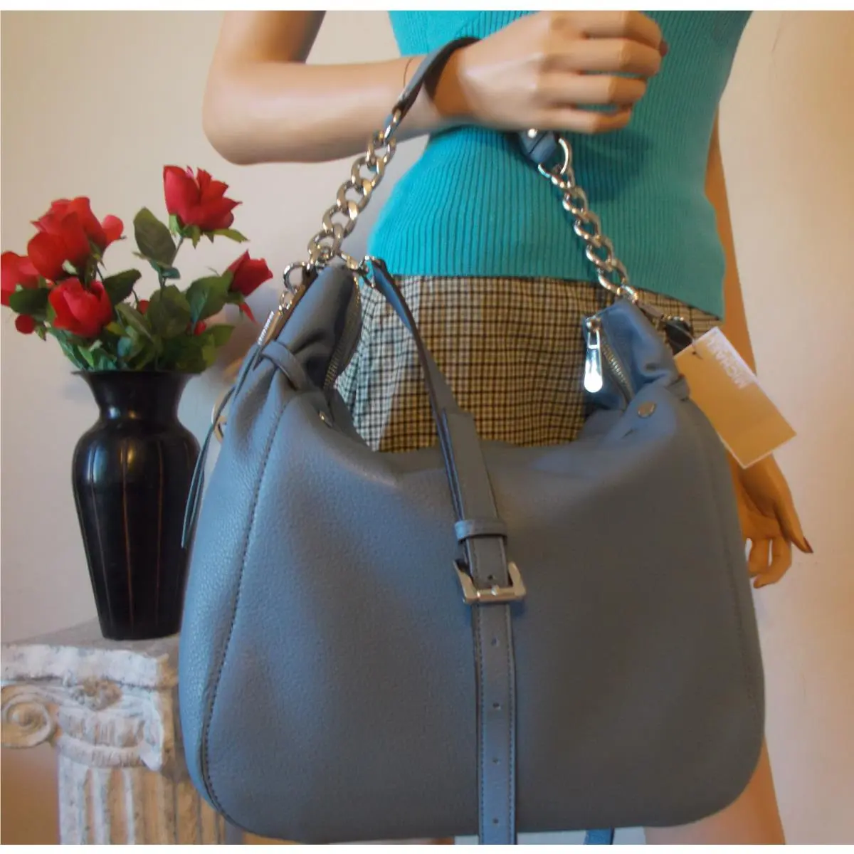 LG Blue Gray Leather Silver Charm Hobo Crossbody Strap Bag Tote by Michael Kors