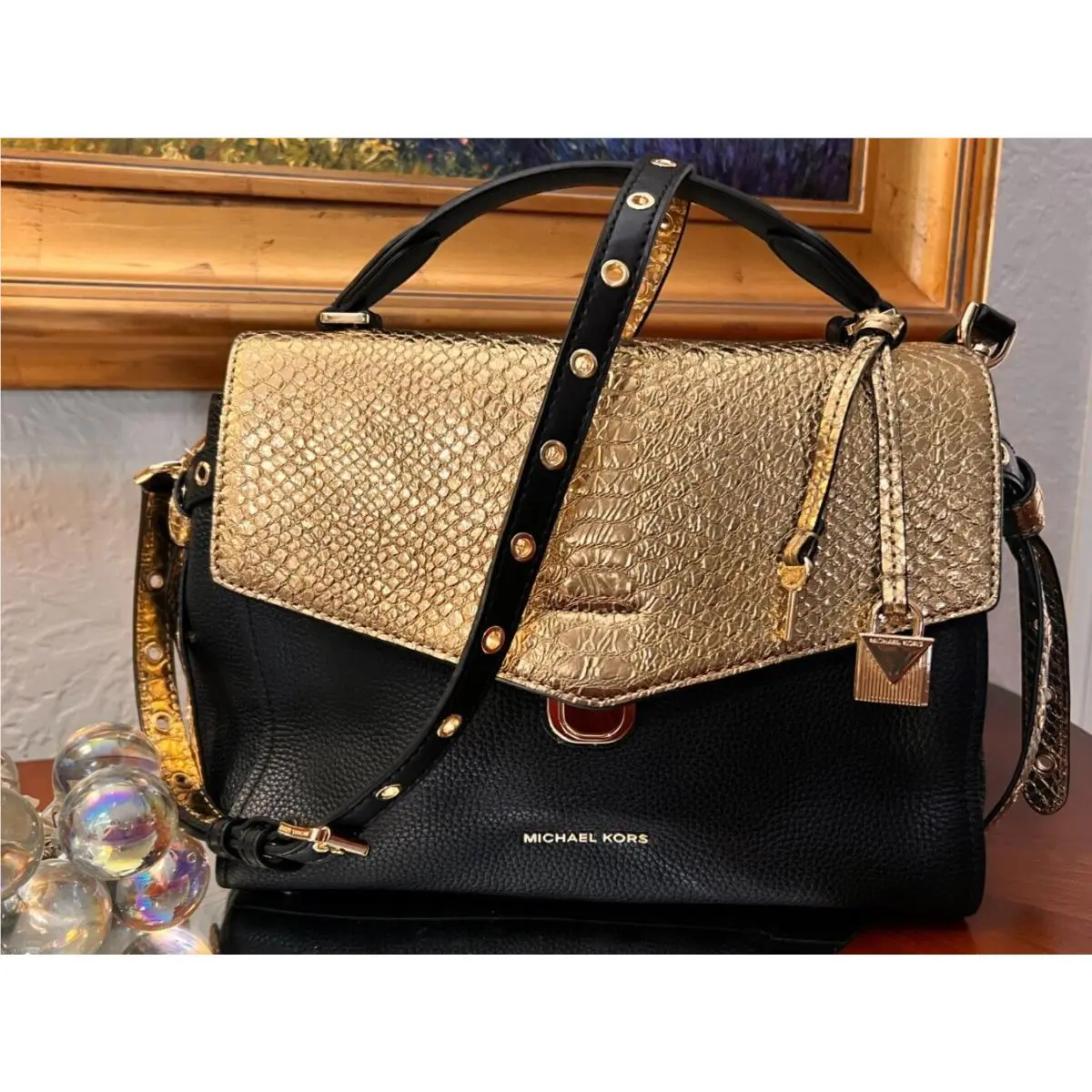 Bristol Black Metallic Gold Snake Embossed Leather Purse Bag by Michael Kors